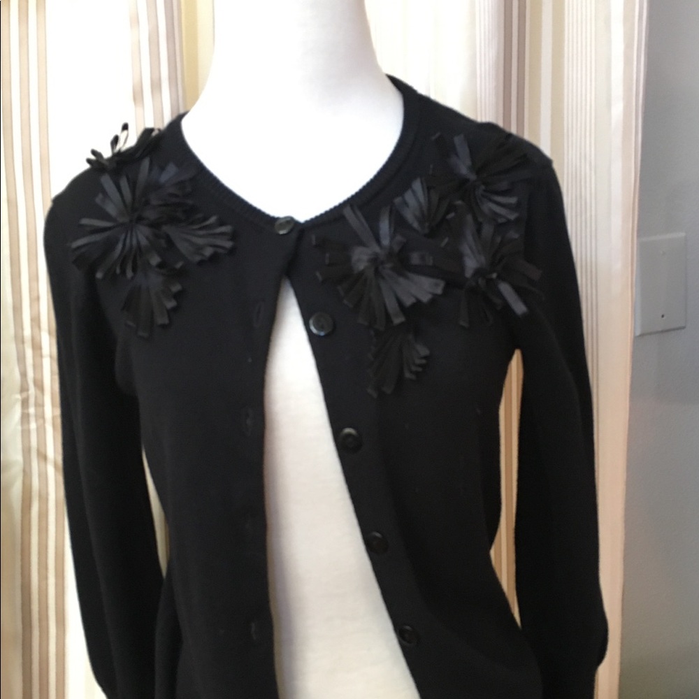 Black cardigan with satin ribbon flowers. Small.